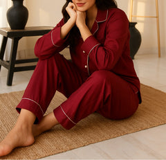 Buy Florea Silk Pajama Set With Scrunchie - Maroon in Pakistan