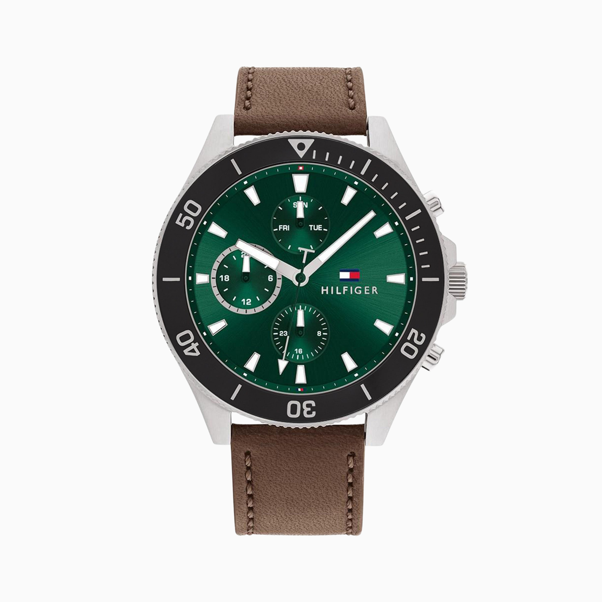 Tommy Hilfiger Men’s Quartz Brown Leather Strap Green Dial 46mm Watch 1791983