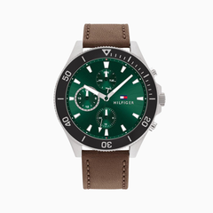 Tommy Hilfiger Men’s Quartz Brown Leather Strap Green Dial 46mm Watch 1791983