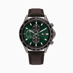 Tommy Hilfiger Men’s Quartz Brown Leather Strap Green Dial 44mm Watch 1792017