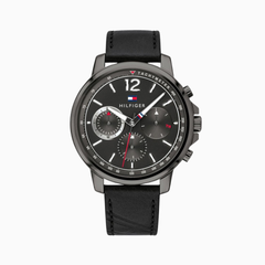 Tommy Hilfiger Men's Quartz Black Leather Strap Grey Dial 46mm Watch 1791533