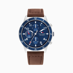 Tommy Hilfiger Brown Leather Blue Dial Men's Multi-function Watch - 1791946