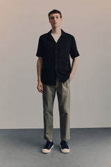 Crinkle Textured  Cuban Collar Shirt - Raven Black