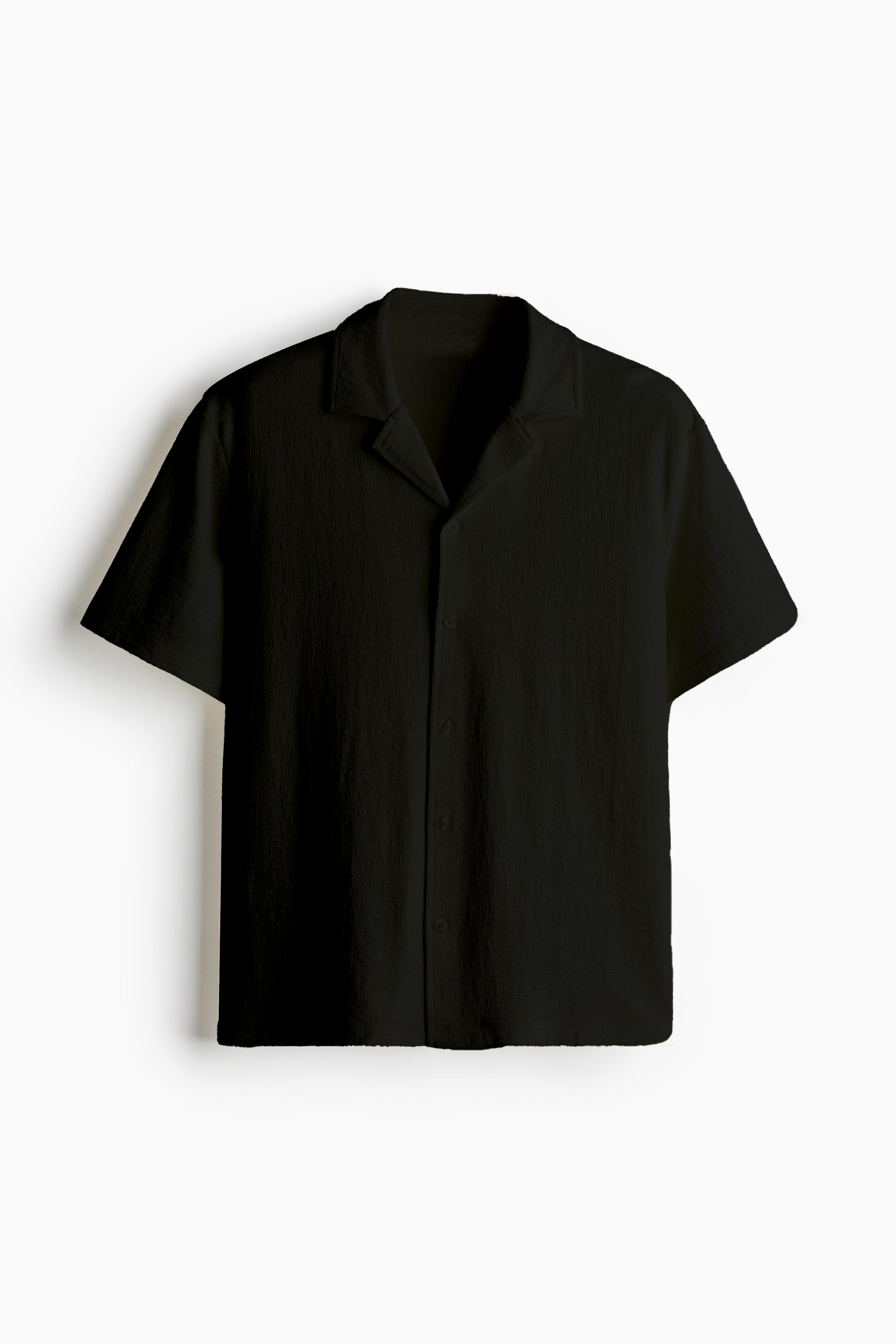 Crinkle Textured  Cuban Collar Shirt - Raven Black