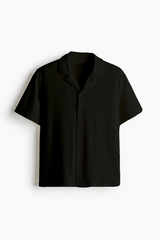 Crinkle Textured  Cuban Collar Shirt - Raven Black