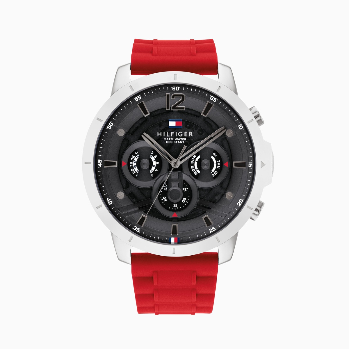 Tommy Hilfiger Men’s Quartz Red Silicone Strap Grey Dial 50mm Watch 1710490