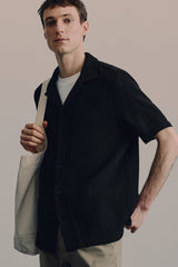 Crinkle Textured  Cuban Collar Shirt - Raven Black