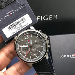 Tommy Hilfiger Men's Quartz Black Leather Strap Grey Dial 46mm Watch 1791533
