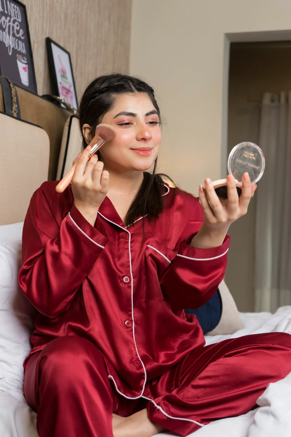 Buy Florea Silk Pajama Set With Scrunchie - Maroon in Pakistan