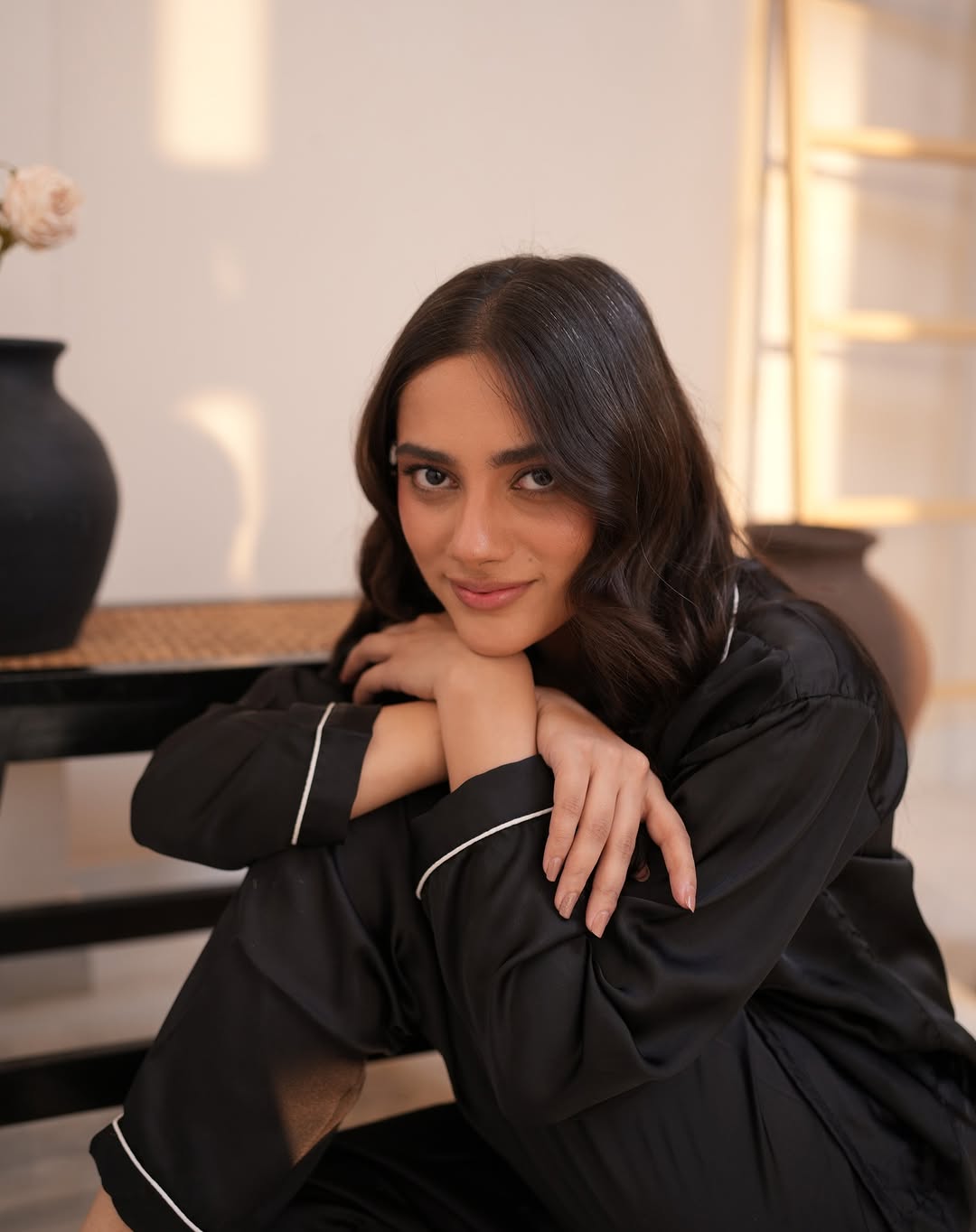 Buy Florea Silk Pajama Set With Scrunchie - Black in Pakistan