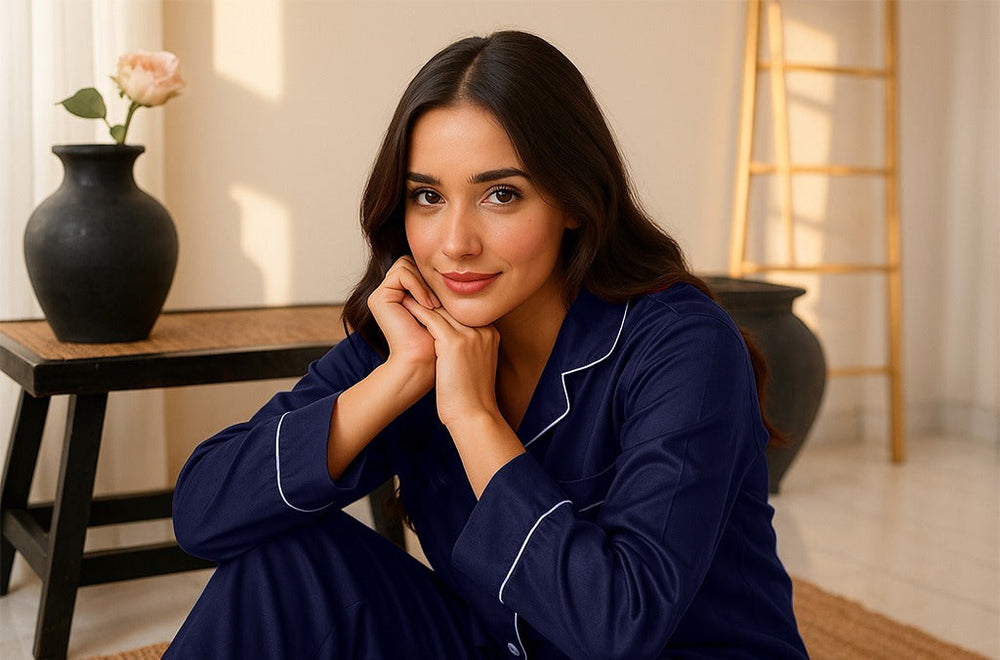 Buy Florea Silk Pajama Set With Scrunchie - Navy Blue in Pakistan