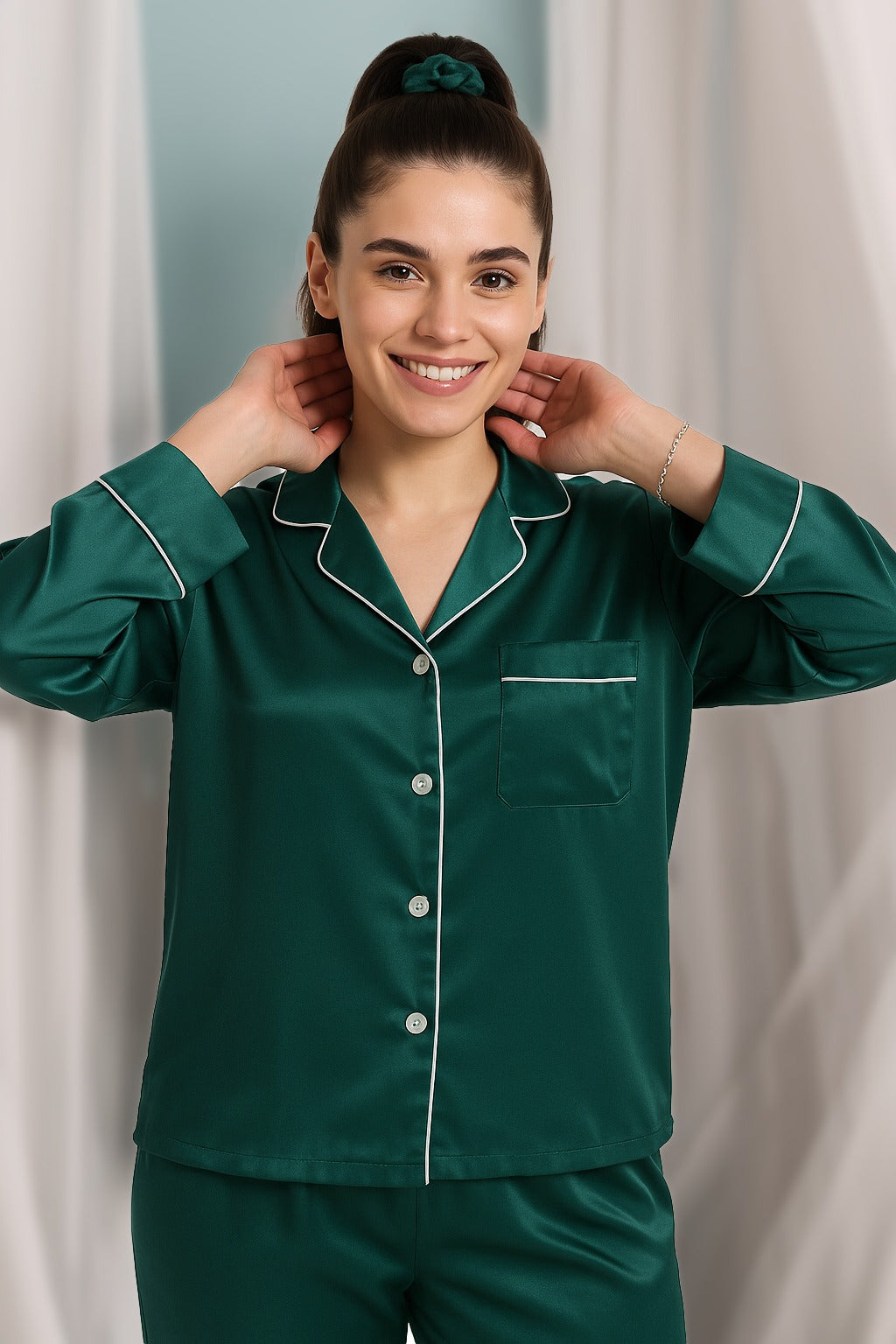 Buy Florea Silk Pajama Suit With Scrunchie - Green in Pakistan