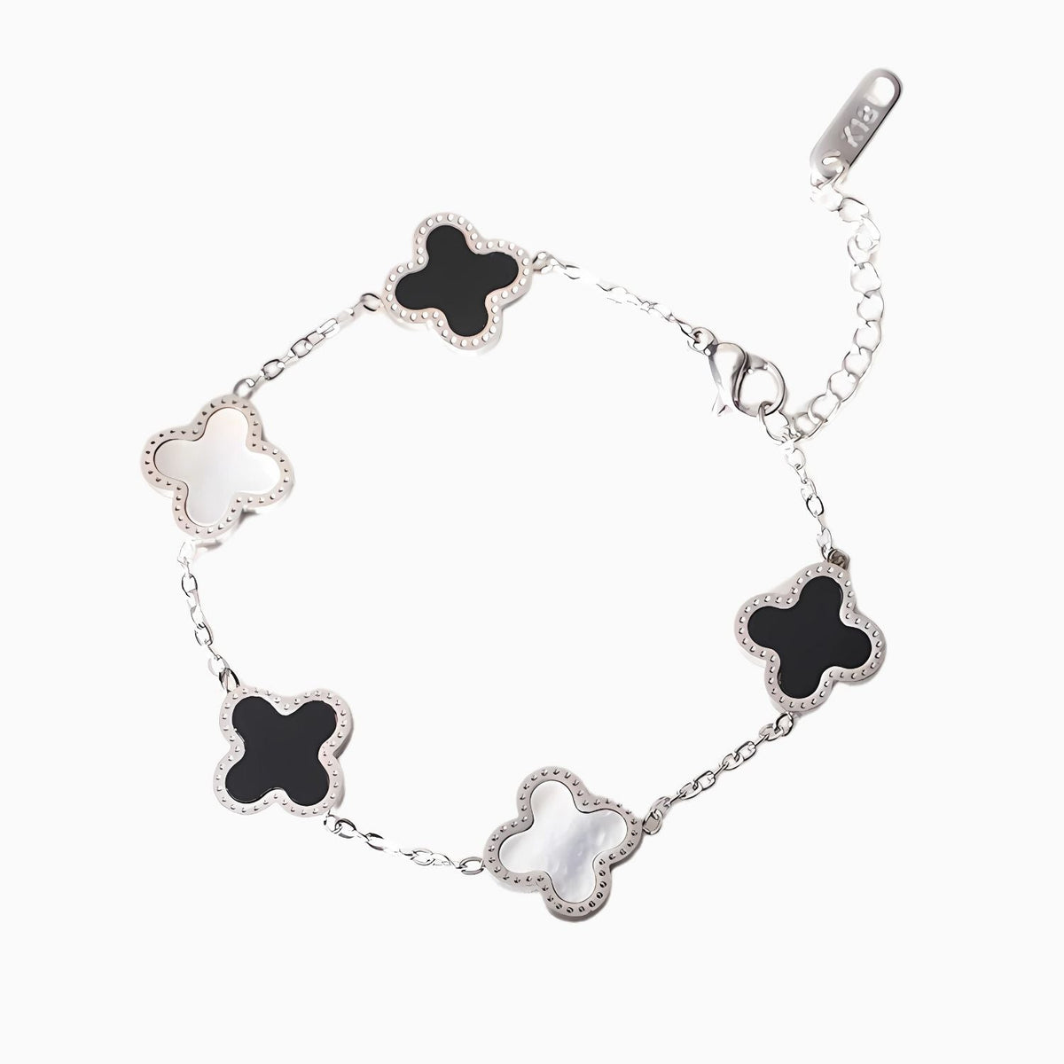 Women's Silver Black Two Tone Clover Link Bracelet