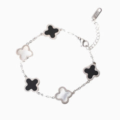 Women's Silver Black Two Tone Clover Link Bracelet