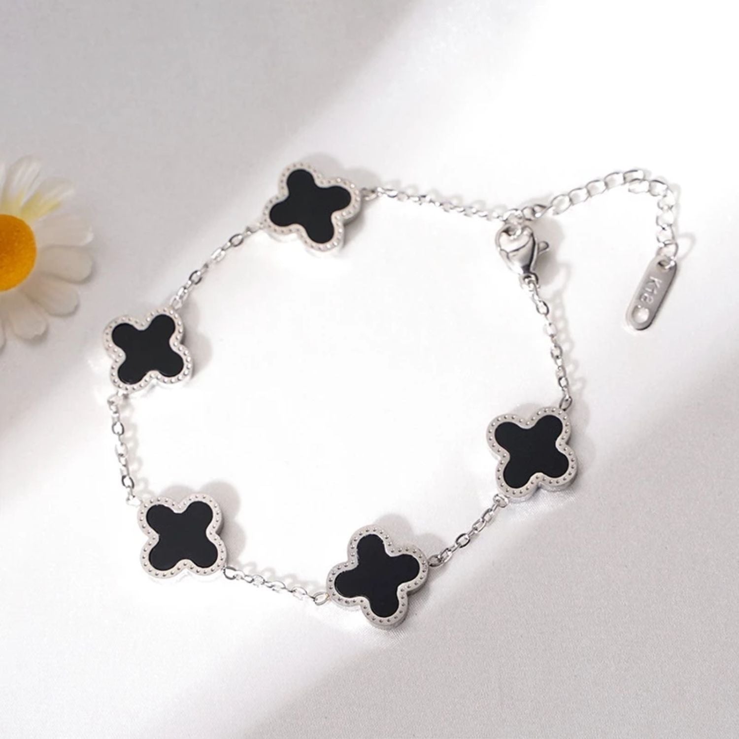 Women's Silver Black Two Tone Clover Link Bracelet