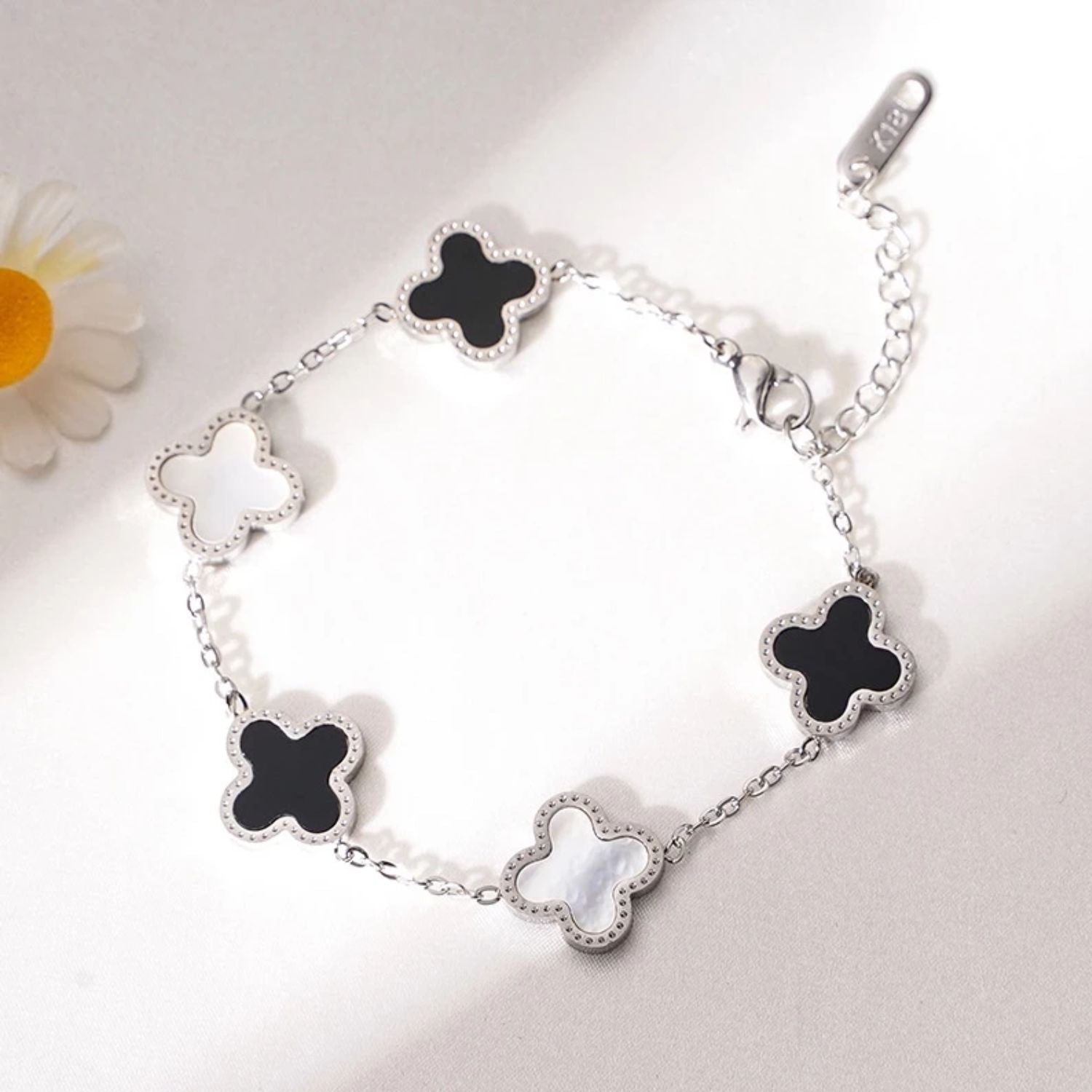 Women's Silver Black Two Tone Clover Link Bracelet