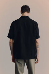 Crinkle Textured  Cuban Collar Shirt - Raven Black