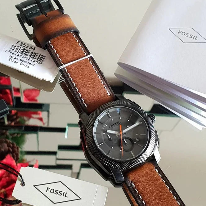Fossil Men’s Quartz Brown Leather Strap Black Dial 45mm Watch FS5234